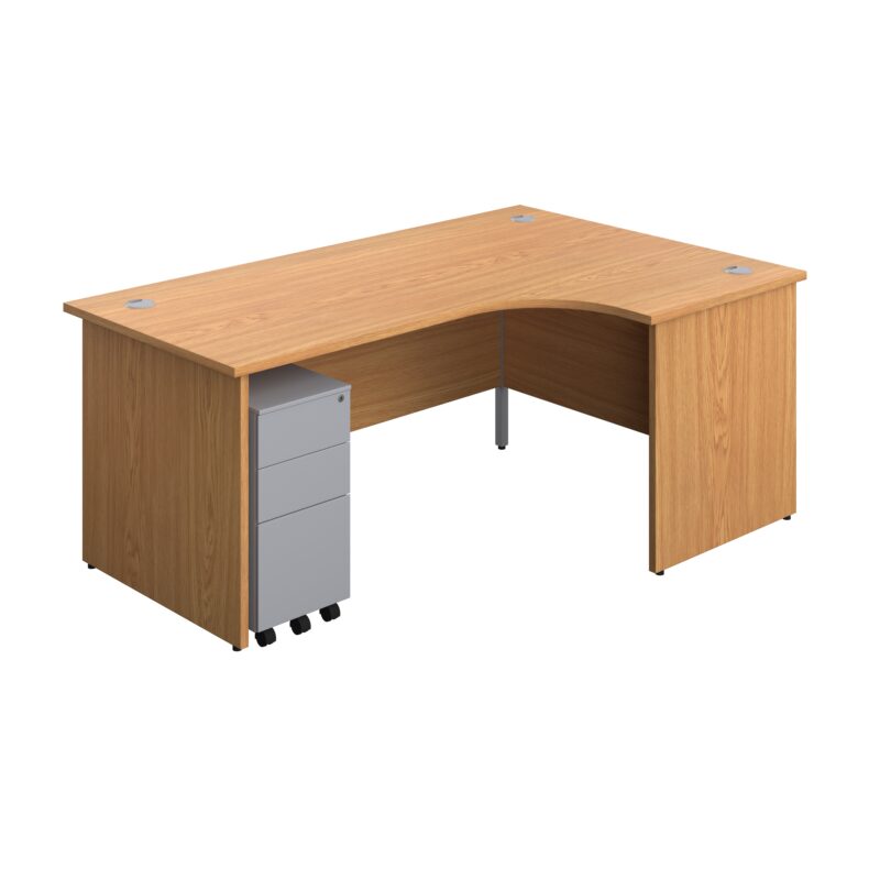 Panel Right Hand Radial Desk + 3 Drawer Slimline Steel Mobile Pedestal Bundle | 1800X1200 | Nova Oak/Silver