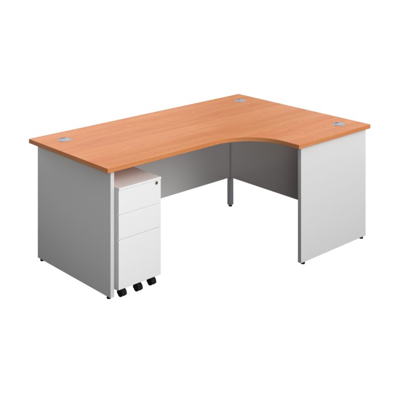 Panel Plus Right Radial Desk + 3 Drawer White Slimline Steel Mobile Pedestal Bundle | 1800X1200 | Beech/White