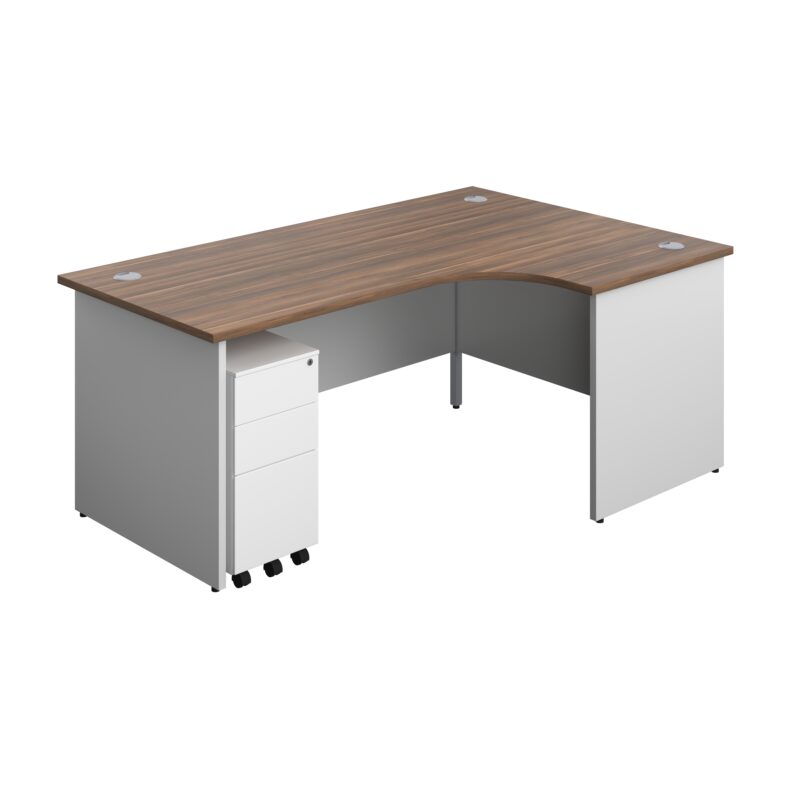 Panel Plus Right Radial Desk + 3 Drawer White Slimline Steel Mobile Pedestal Bundle | 1800X1200 | Dark Walnut/White