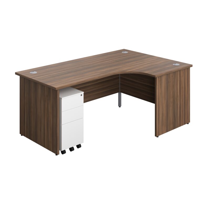 Panel Right Hand Radial Desk + 3 Drawer Slimline Steel Mobile Pedestal Bundle | 1800X1200 | Dark Walnut/White