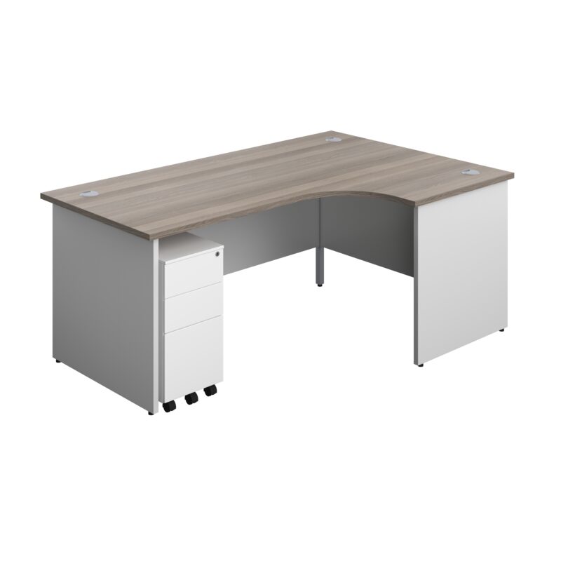 Panel Plus Right Radial Desk + 3 Drawer White Slimline Steel Mobile Pedestal Bundle | 1800X1200 | Grey Oak/White