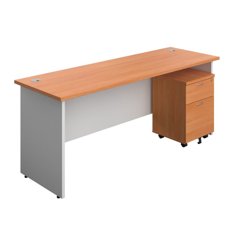 Panel Plus Rectangular Desk + 2 Drawer Mobile Pedestal Bundle | 1800X600 | Beech/White