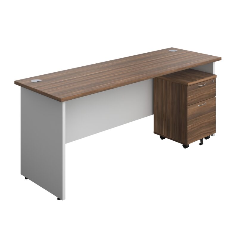 Panel Plus Rectangular Desk + 2 Drawer Mobile Pedestal Bundle | 1800X600 | Dark Walnut/White