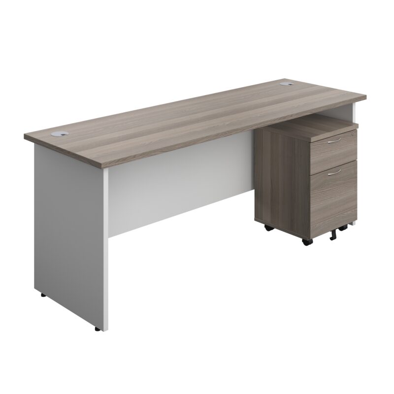 Panel Plus Rectangular Desk + 2 Drawer Mobile Pedestal Bundle | 1800X600 | Grey Oak/White