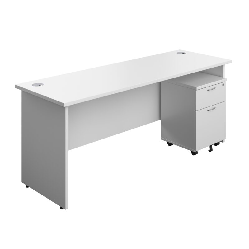 Panel Rectangular Desk + 2 Drawer Mobile Pedestal Bundle | 1800X600 | White/White