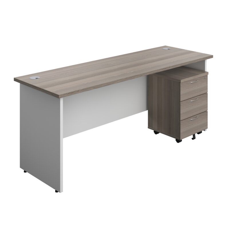 Panel Plus Rectangular Desk + 3 Drawer Mobile Pedestal Bundle | 1800X600 | Grey Oak/White