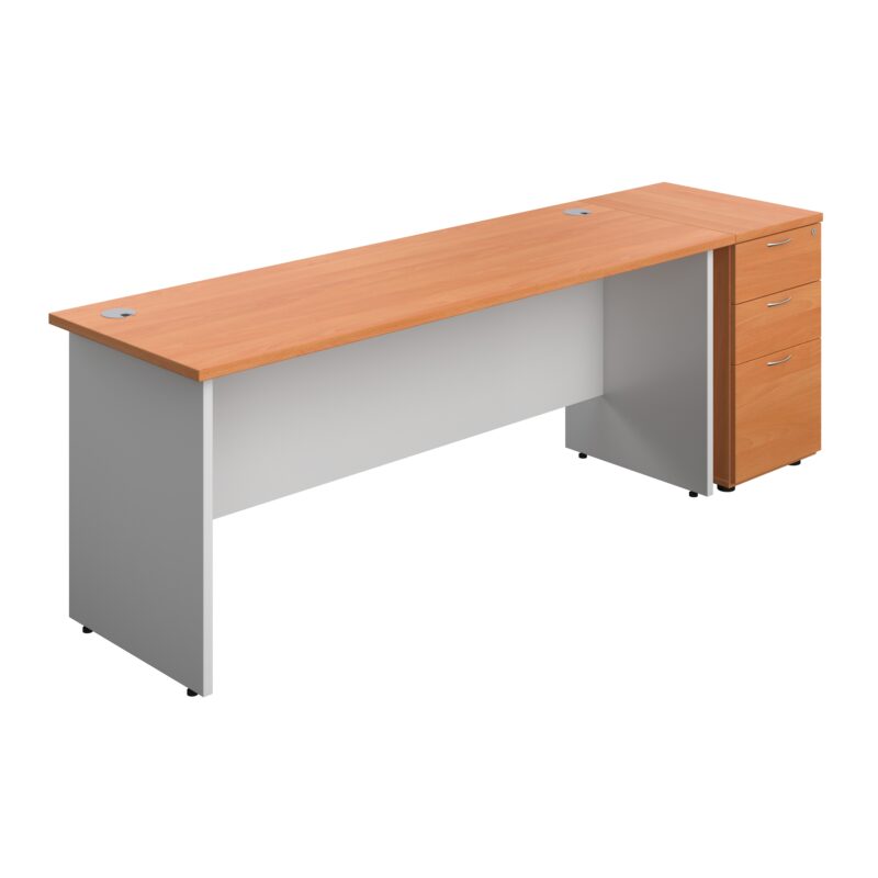 Panel Plus Rectangular Desk + Matching 3 Drawer Desk High Pedestal Bundle | 600 Pedestal | 1800X600 | Beech/White