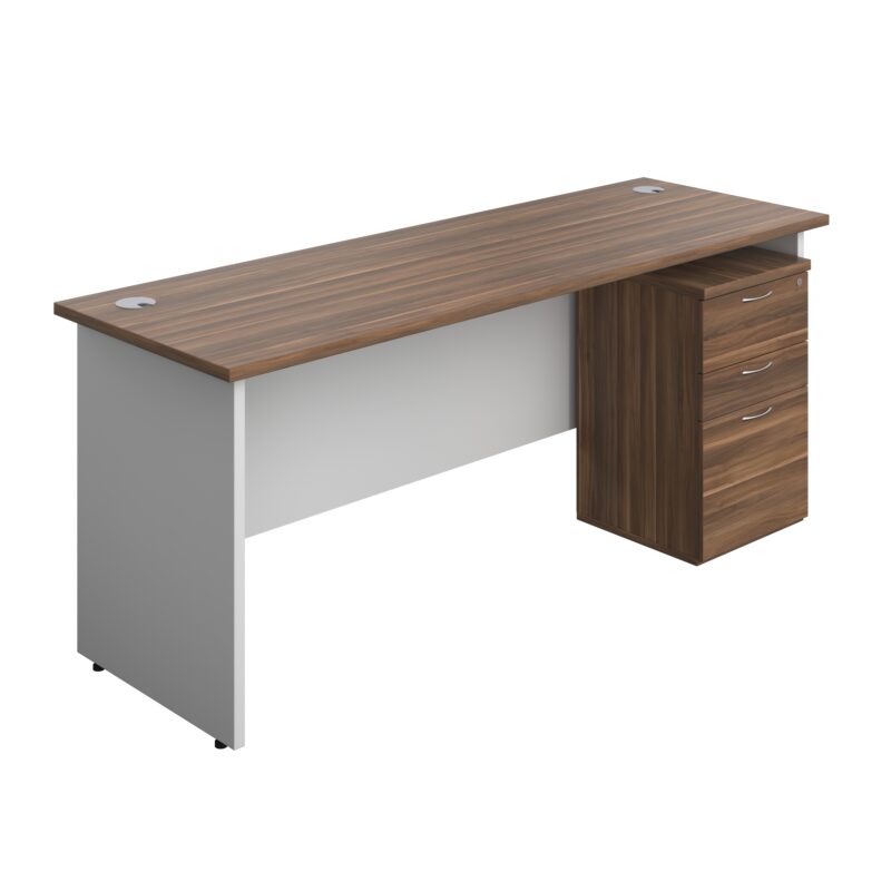 Panel Plus Rectangular Desk + 3 Drawer High Mobile Pedestal Bundle | 1800X600 | Dark Walnut/White