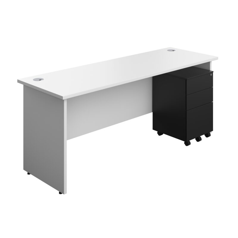 Panel Rectangular Desk + 3 Drawer Steel Pedestal Bundle | 1800X600 | White/Black