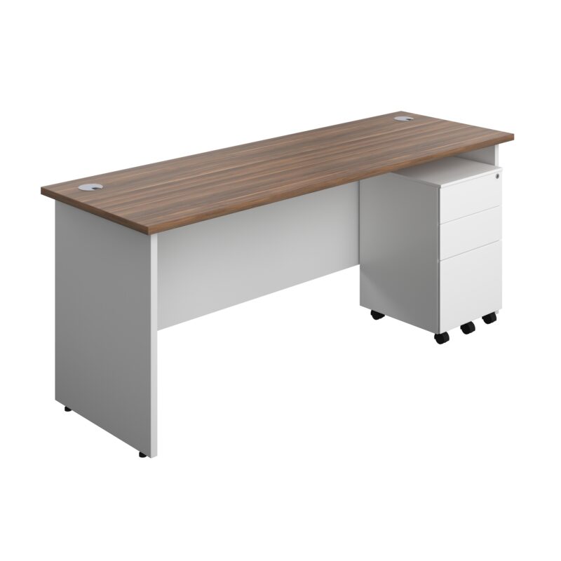 Panel Plus Rectangular Desk + 3 Drawer Steel Pedestal Bundle | 1800X600 | Dark Walnut/White