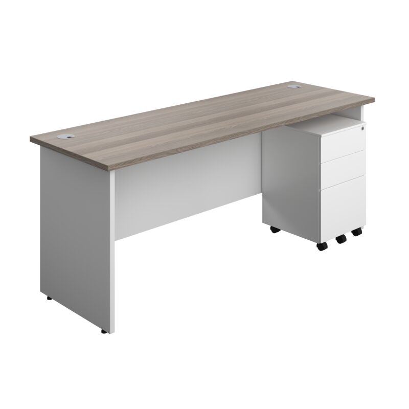 Panel Plus Rectangular Desk + 3 Drawer Steel Pedestal Bundle | 1800X600 | Grey Oak/White