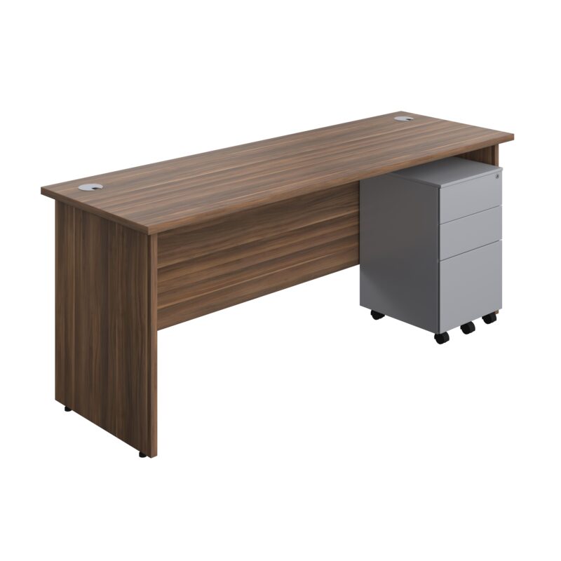 Panel Rectangular Desk + 3 Drawer Steel Pedestal Bundle | 1800X600 | Dark Walnut/Silver