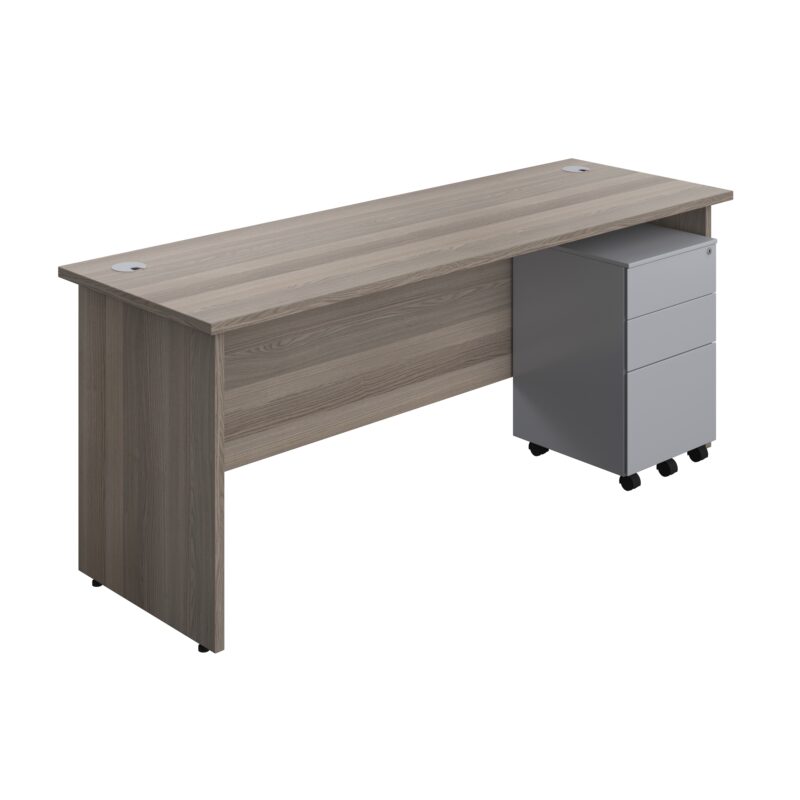 Panel Rectangular Desk + 3 Drawer Steel Pedestal Bundle | 1800X600 | Grey Oak/Silver