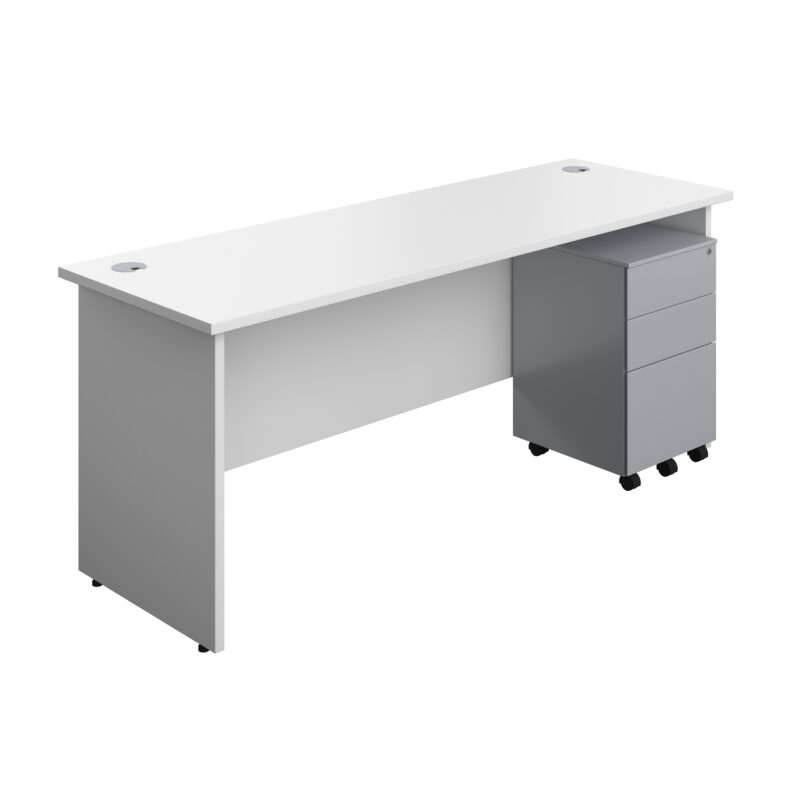 Panel Rectangular Desk + 3 Drawer Steel Pedestal Bundle | 1800X600 | White/Silver