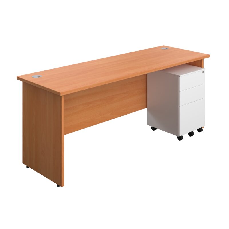 Panel Rectangular Desk + 3 Drawer Steel Pedestal Bundle | 1800X600 | Beech/White