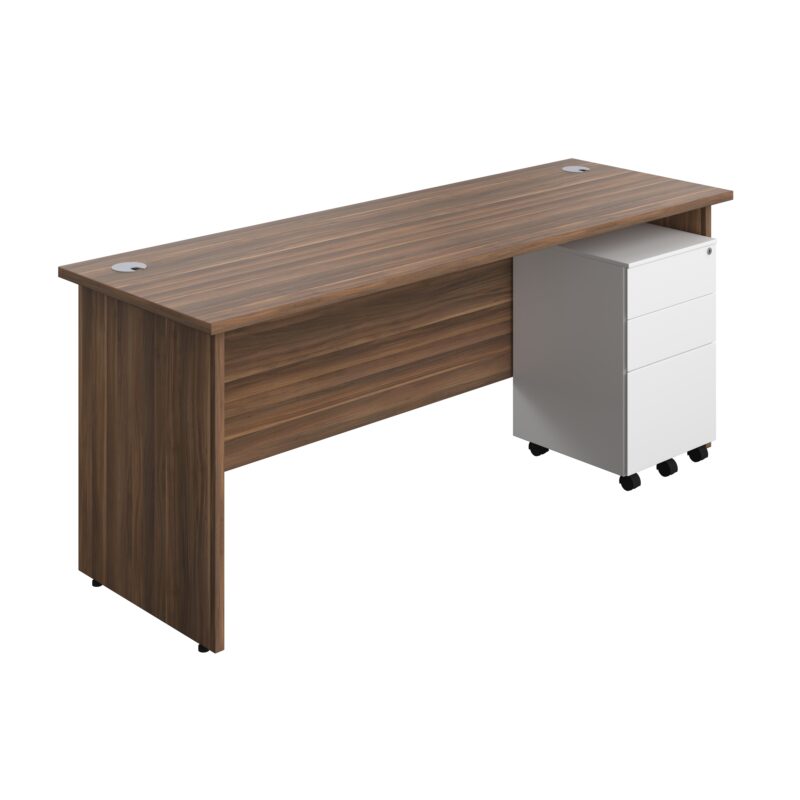 Panel Rectangular Desk + 3 Drawer Steel Pedestal Bundle | 1800X600 | Dark Walnut/White