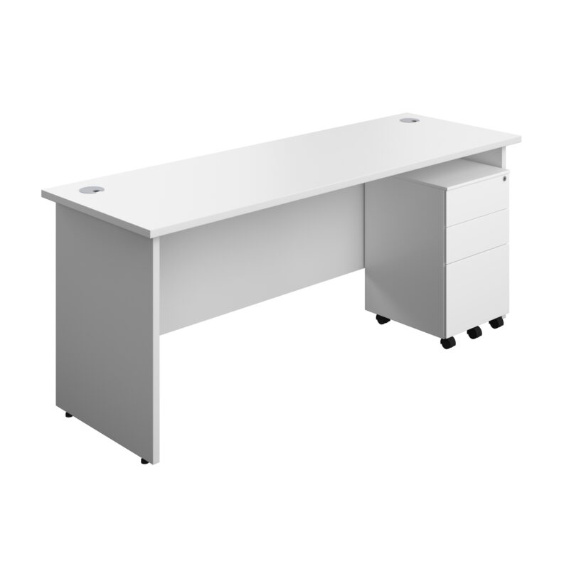 Panel Rectangular Desk + 3 Drawer Steel Pedestal Bundle | 1800X600 | White/White