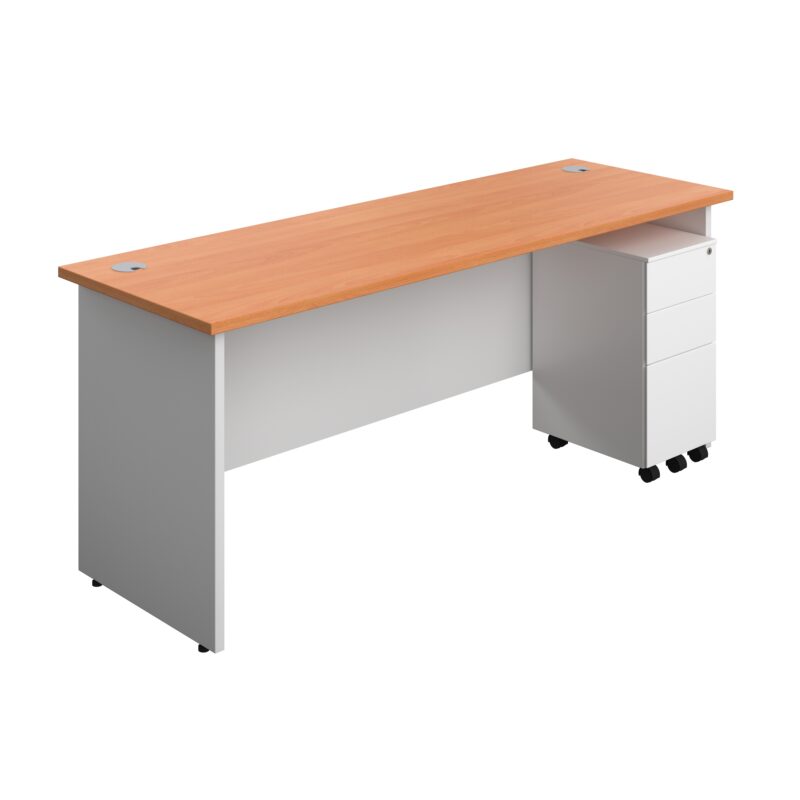 Panel Plus Rectangular Desk + 3 Drawer Slimline Steel Pedestal Bundle | 1800X600 | Beech/White