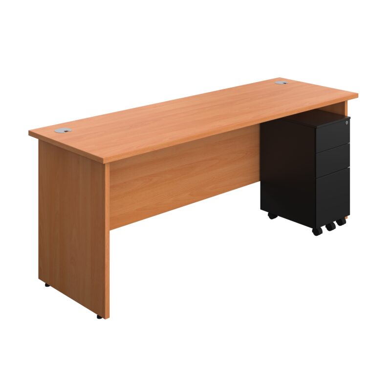 Panel Rectangular Desk + 3 Drawer Slimline Steel Pedestal Bundle | 1800X600 | Beech/Black