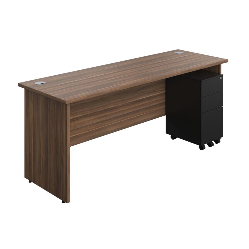 Panel Rectangular Desk + 3 Drawer Slimline Steel Pedestal Bundle | 1800X600 | Dark Walnut/Black