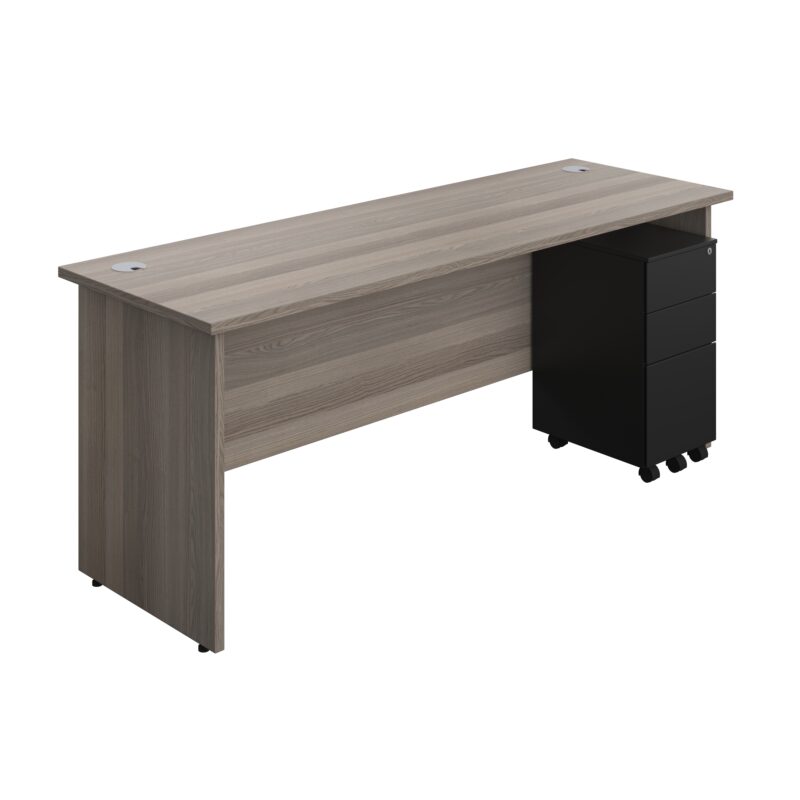 Panel Rectangular Desk + 3 Drawer Slimline Steel Pedestal Bundle | 1800X600 | Grey Oak/Black