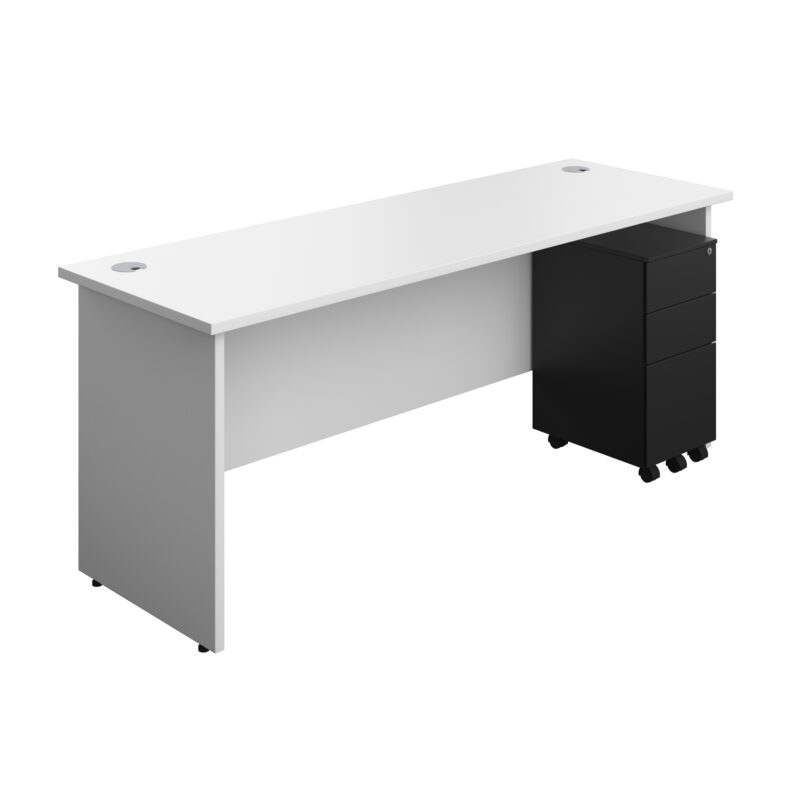 Panel Rectangular Desk + 3 Drawer Slimline Steel Pedestal Bundle | 1800X600 | White/Black