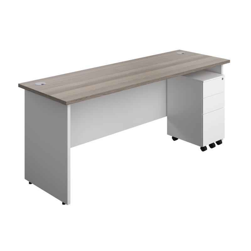 Panel Plus Rectangular Desk + 3 Drawer Slimline Steel Pedestal Bundle | 1800X600 | Grey Oak/White