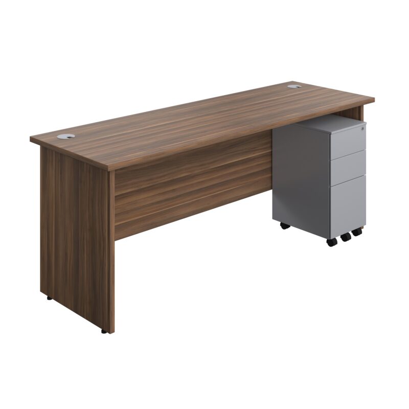 Panel Rectangular Desk + 3 Drawer Slimline Steel Pedestal Bundle | 1800X600 | Dark Walnut/Silver