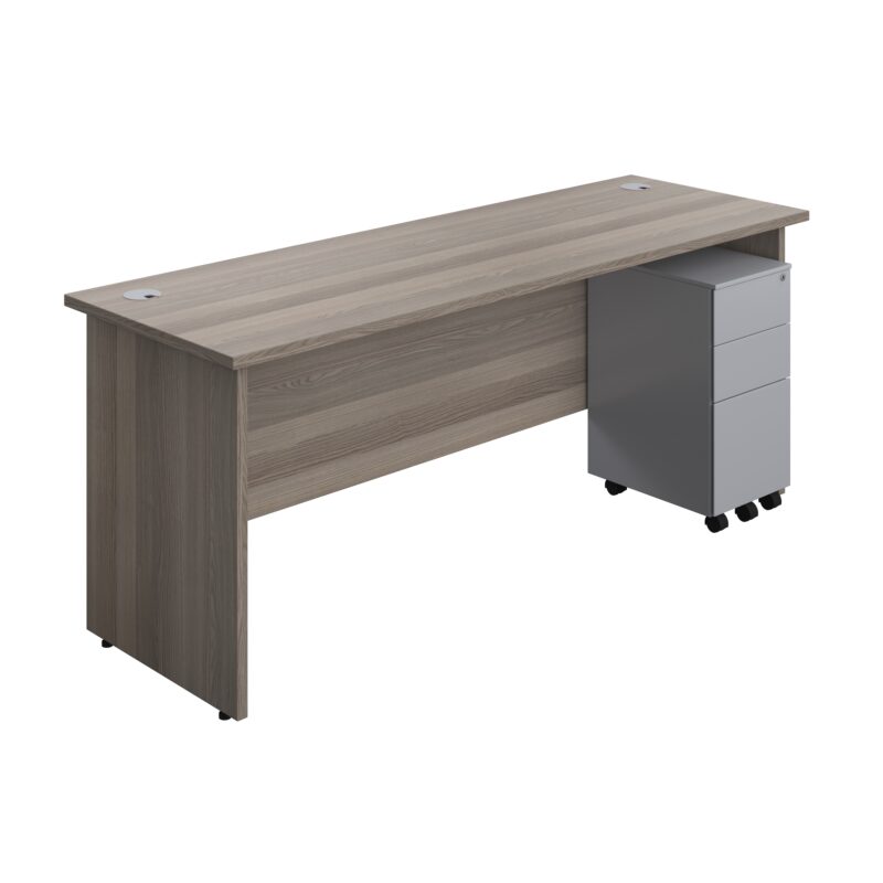 Panel Rectangular Desk + 3 Drawer Slimline Steel Pedestal Bundle | 1800X600 | Grey Oak/Silver