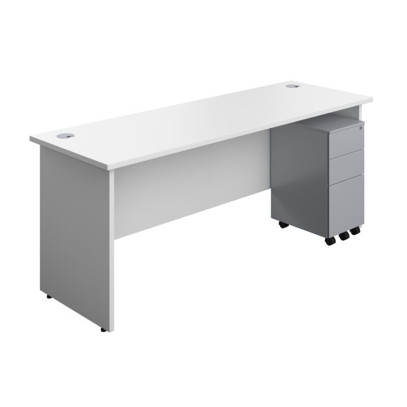 Panel Rectangular Desk + 3 Drawer Slimline Steel Pedestal Bundle | 1800X600 | White/Silver