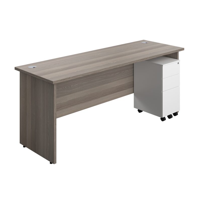 Panel Rectangular Desk + 3 Drawer Slimline Steel Pedestal Bundle | 1800X600 | Grey Oak/White