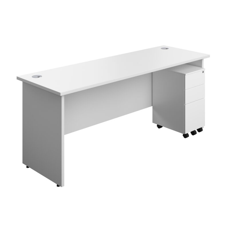 Panel Rectangular Desk + 3 Drawer Slimline Steel Pedestal Bundle | 1800X600 | White/White