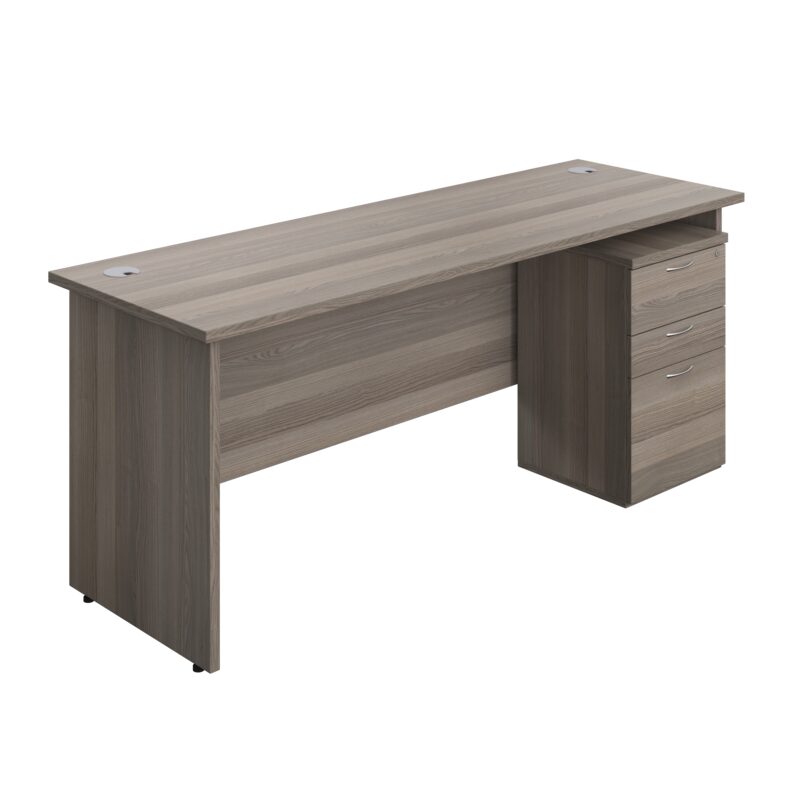 Panel Rectangular Desk + 3 Drawer Under Desk Pedestal Bundle | 1800X600 | Grey Oak/Grey Oak