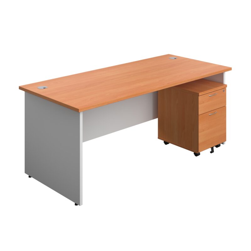 Panel Plus Rectangular Desk + 2 Drawer Mobile Pedestal Bundle | 1800X800 | Beech/White