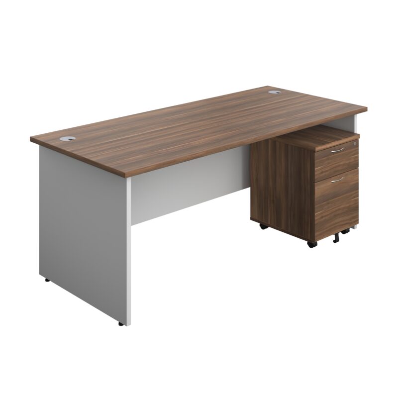 Panel Plus Rectangular Desk + 2 Drawer Mobile Pedestal Bundle | 1800X800 | Dark Walnut/White