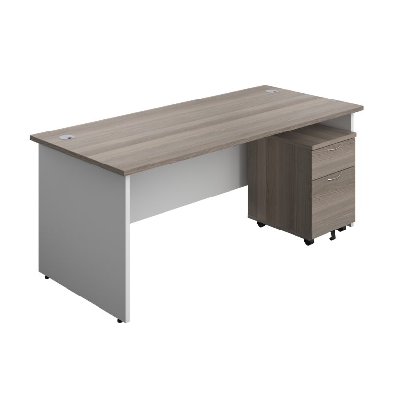 Panel Plus Rectangular Desk + 2 Drawer Mobile Pedestal Bundle | 1800X800 | Grey Oak/White