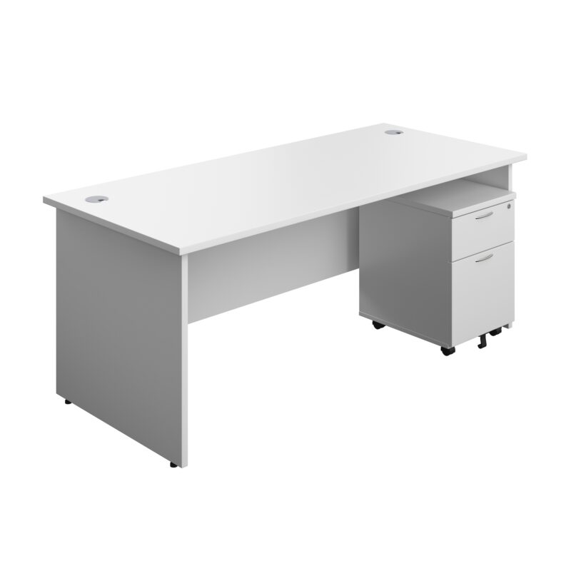 Panel Rectangular Desk + 2 Drawer Mobile Pedestal Bundle | 1800X800 | White/White