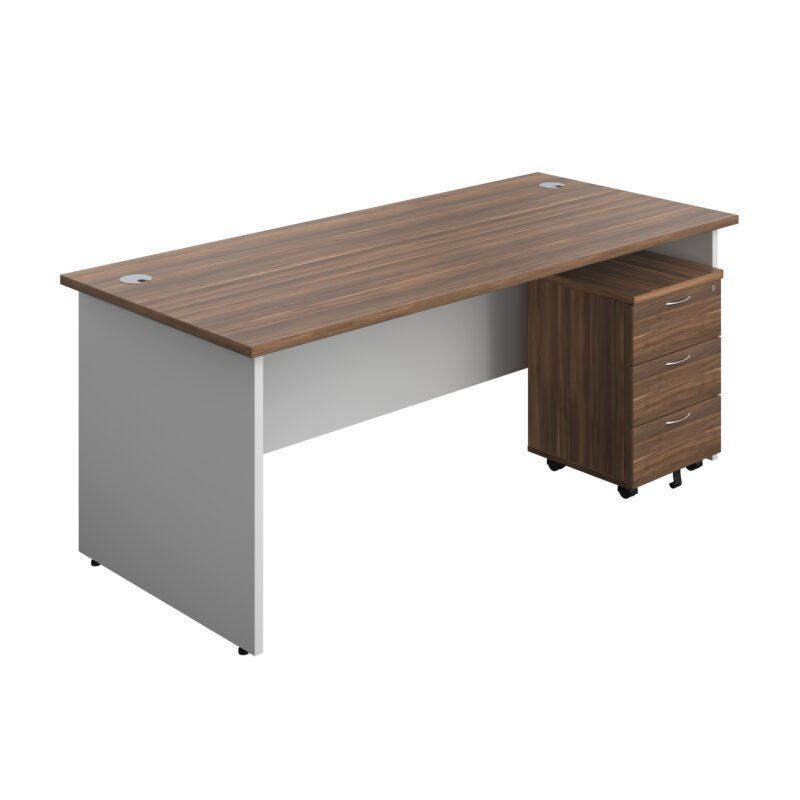 Panel Plus Rectangular Desk + 3 Drawer Mobile Pedestal Bundle | 1800X800 | Dark Walnut/White