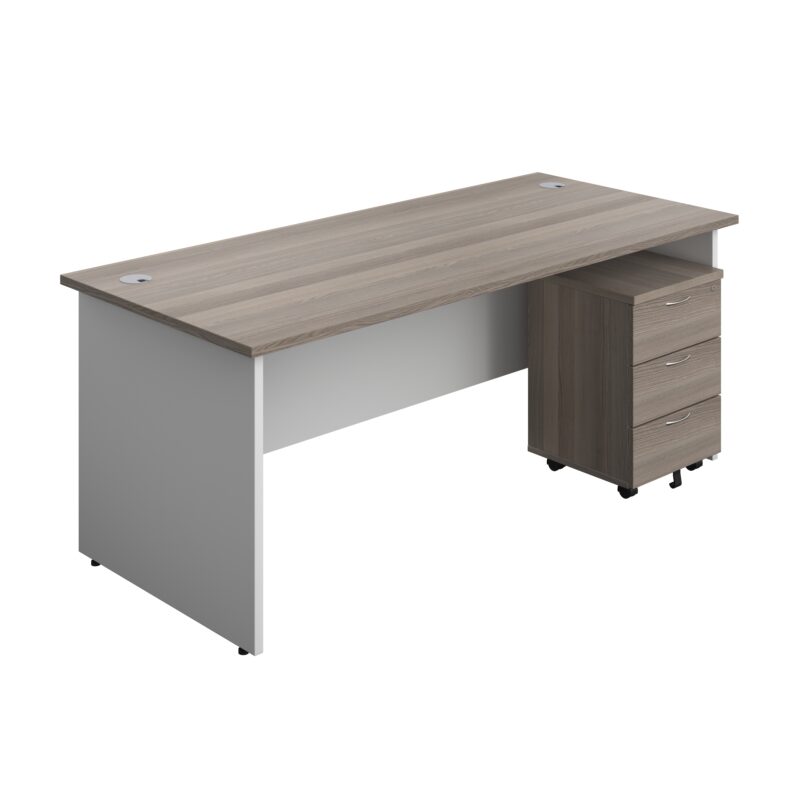 Panel Plus Rectangular Desk + 3 Drawer Mobile Pedestal Bundle | 1800X800 | Grey Oak/White