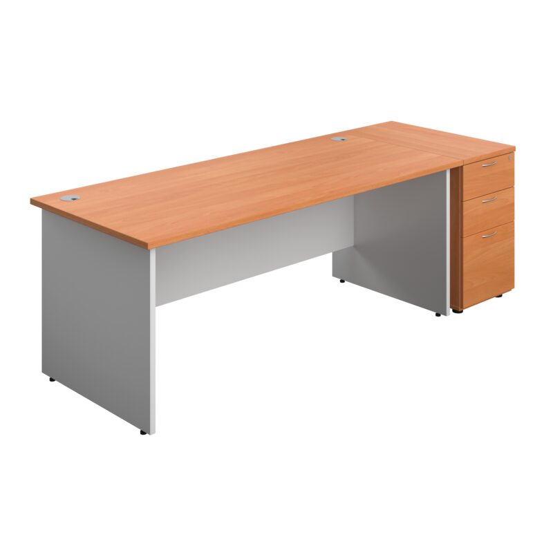 Panel Plus Rectangular Desk + Matching 3 Drawer Desk High Pedestal Bundle | 800 Pedestal | 1800X800 | Beech/White