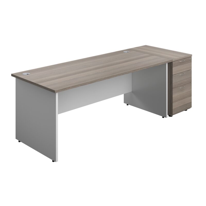 Panel Plus Rectangular Desk + Matching 3 Drawer Desk High Pedestal Bundle | 800 Pedestal | 1800X800 | Grey Oak/White