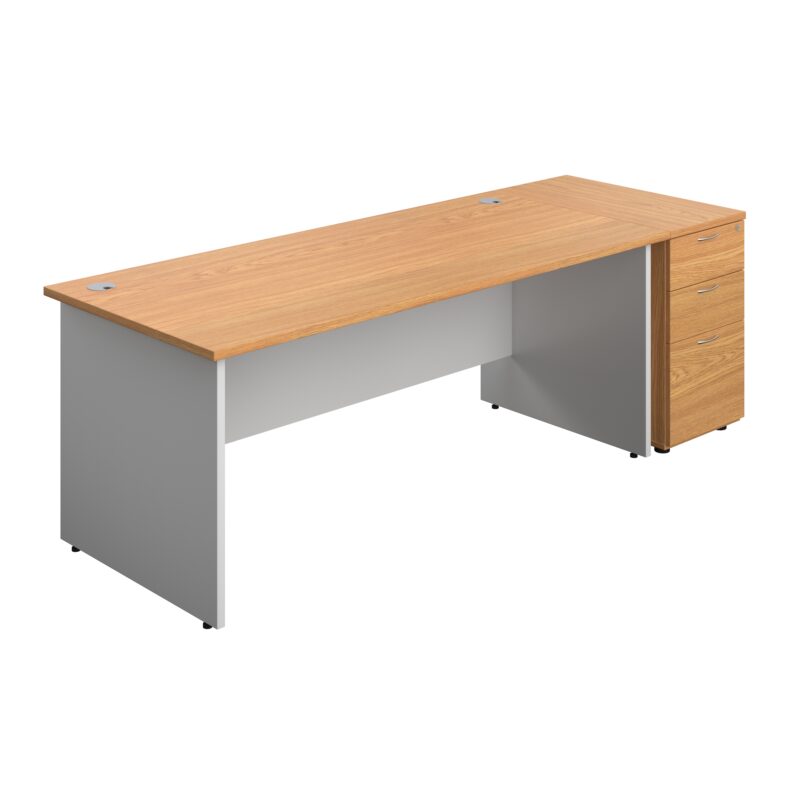 Panel Plus Rectangular Desk + Matching 3 Drawer Desk High Pedestal Bundle | 800 Pedestal | 1800X800 | Nova Oak/White