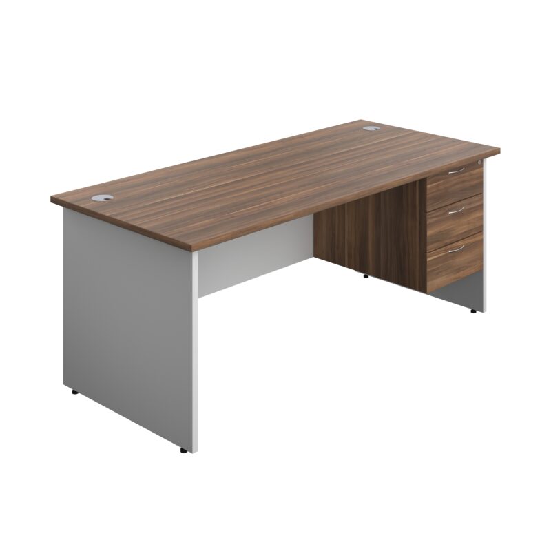 Panel Plus Rectangular Desk + 3 Drawer Fixed Pedestal Bundle | 1800X800 | Dark Walnut/White