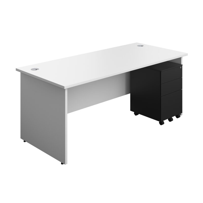 Panel Rectangular Desk + 3 Drawer Steel Pedestal Bundle | 1800X800 | White/Black