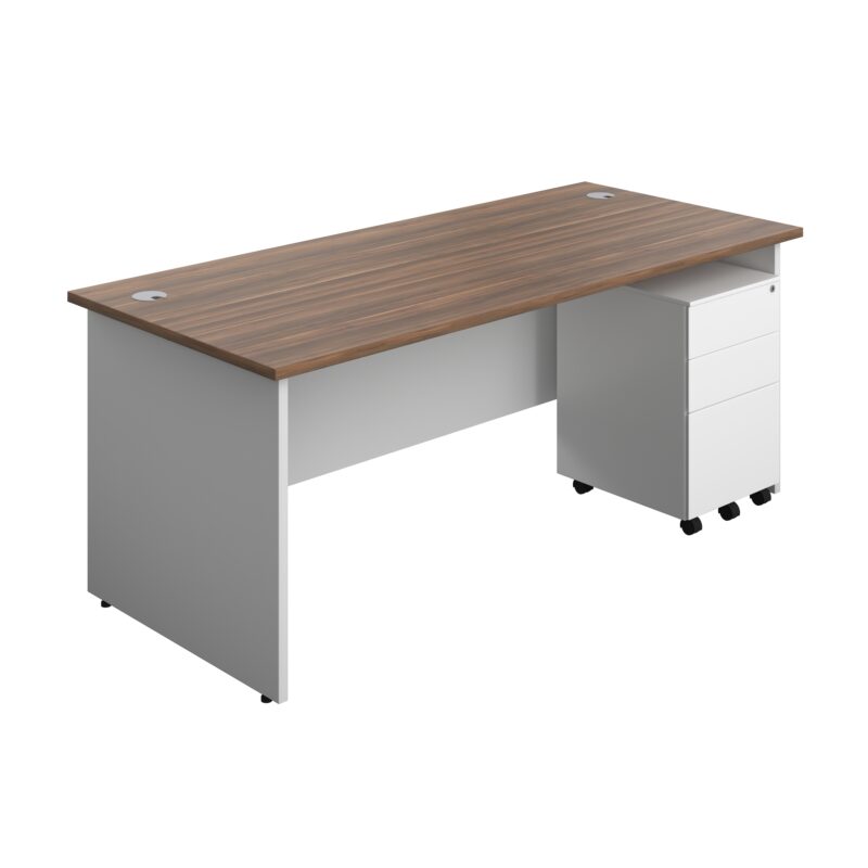 Panel Plus Rectangular Desk + 3 Drawer Steel Pedestal Bundle | 1800X800 | Dark Walnut/White