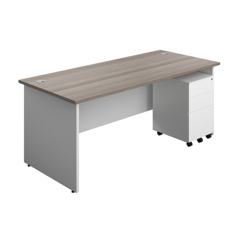 Panel Plus Rectangular Desk + 3 Drawer Steel Pedestal Bundle | 1800X800 | Grey Oak/White