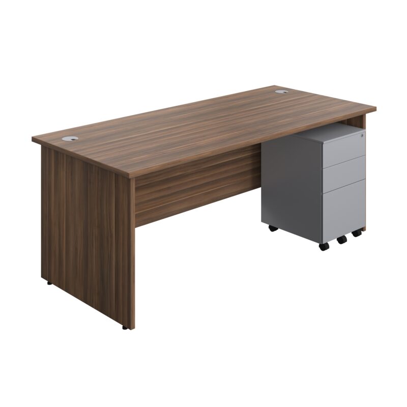 Panel Rectangular Desk + 3 Drawer Steel Pedestal Bundle | 1800X800 | Dark Walnut/Silver