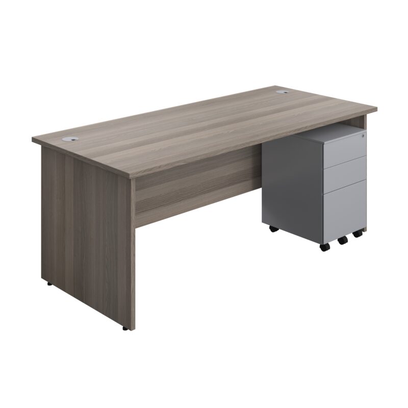 Panel Rectangular Desk + 3 Drawer Steel Pedestal Bundle | 1800X800 | Grey Oak/Silver