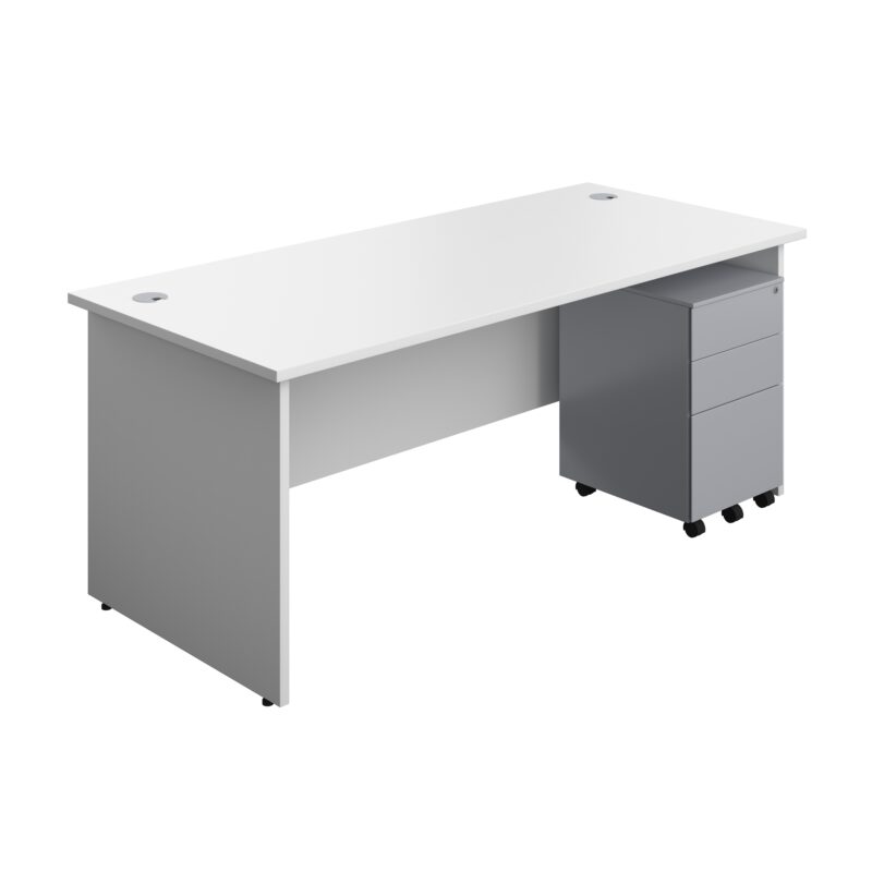 Panel Rectangular Desk + 3 Drawer Steel Pedestal Bundle | 1800X800 | White/Silver