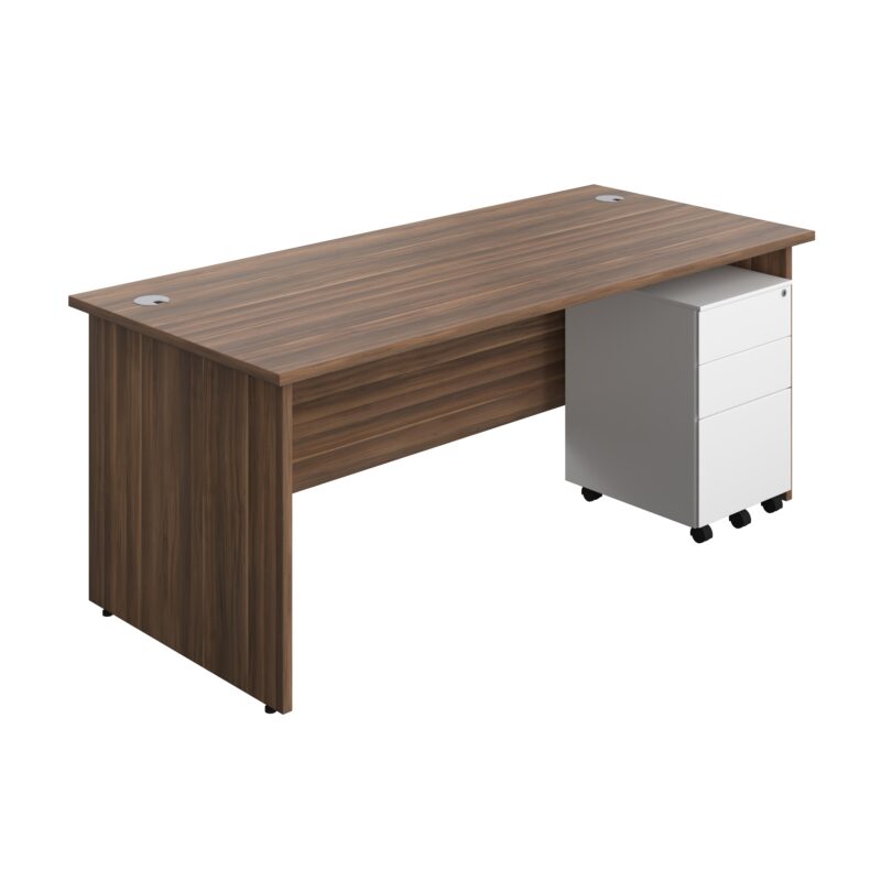 Panel Rectangular Desk + 3 Drawer Steel Pedestal Bundle | 1800X800 | Dark Walnut/White